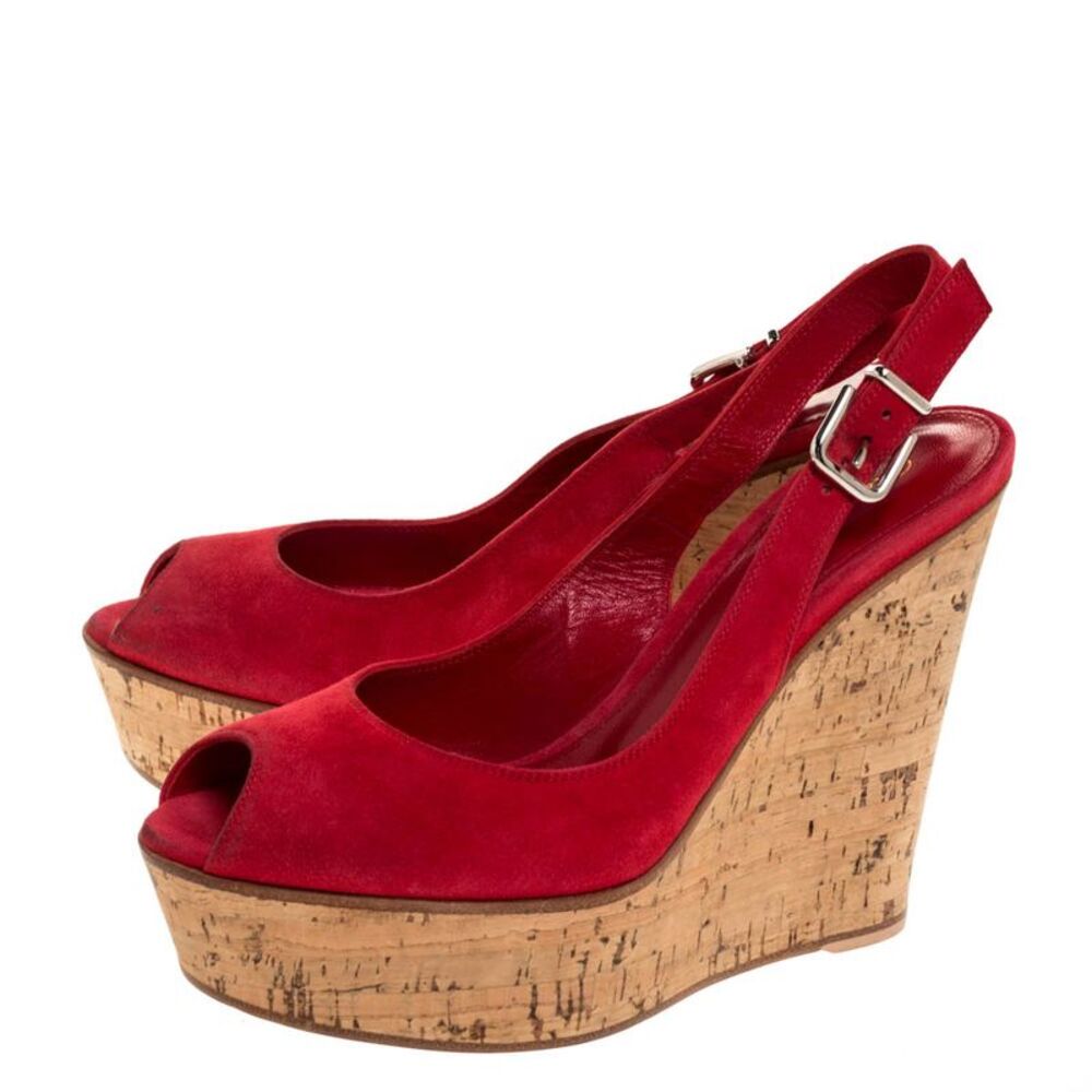 Gianvito Rossi Red Suede Leather Cork Wedge Peep Toe Platform Slingback Sandals - Picture 4 of 4